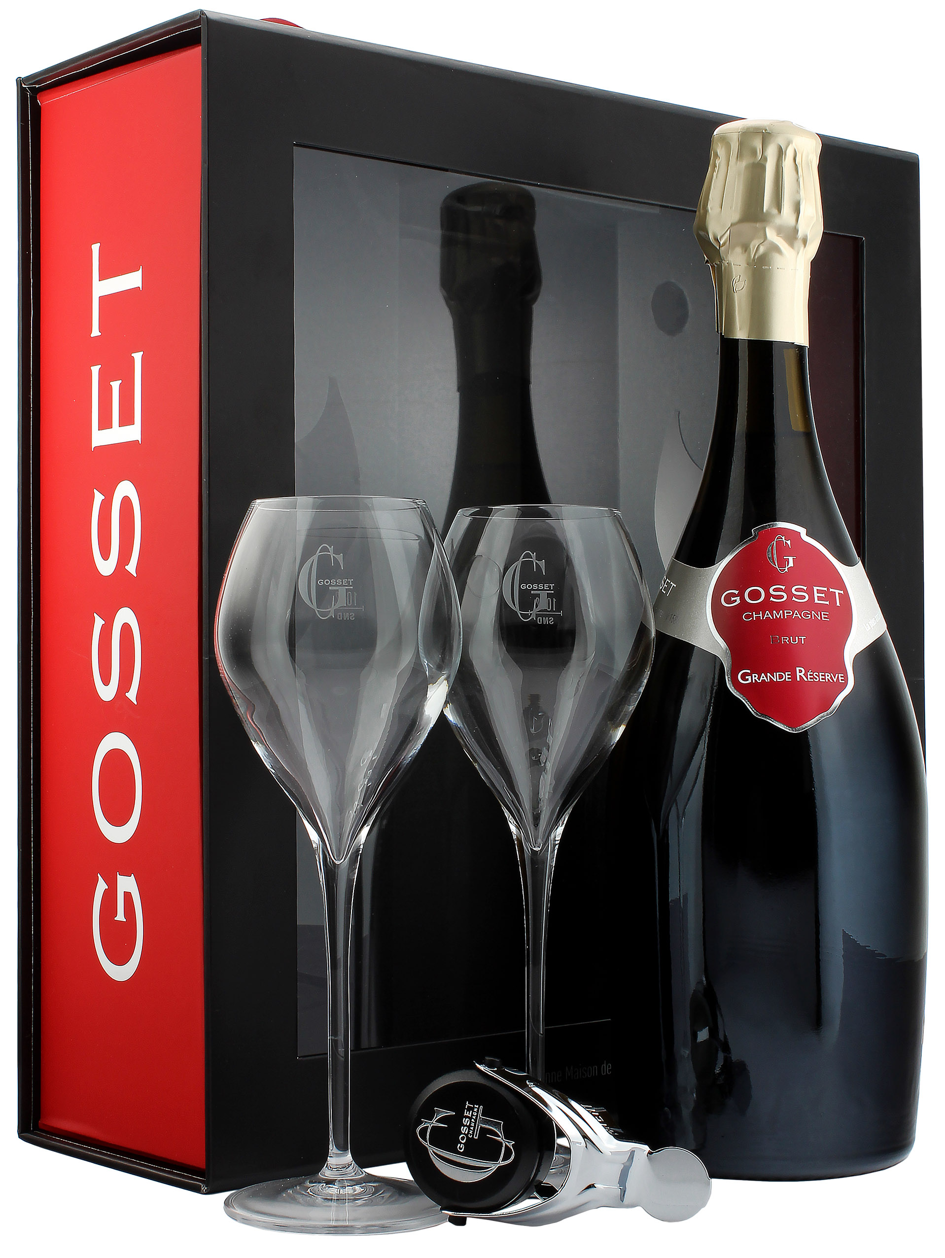 Gosset Grande Réserve Brut Champagne im Geschenkset mit zwei Gläsern und Bottle Stopper 12.0% 0,75l