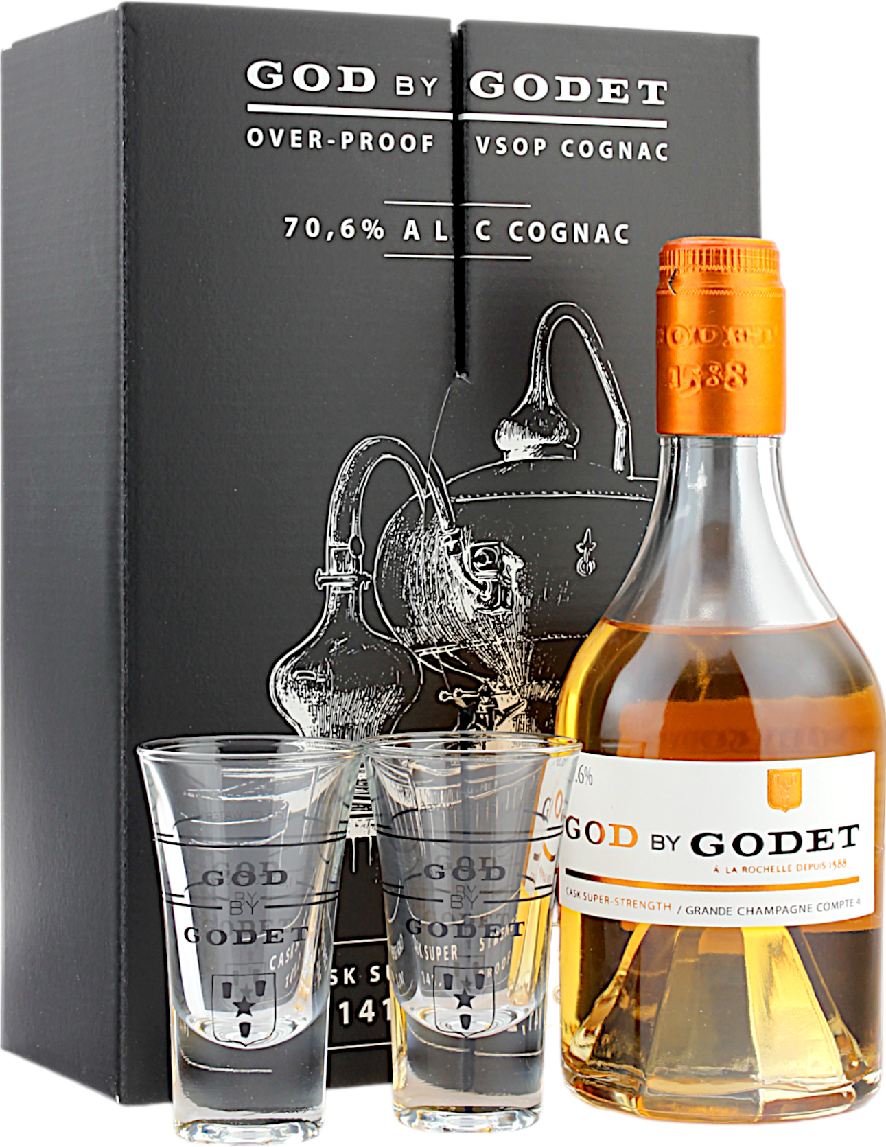 Godet Cognac God by Godet Cask Super-Strength Geschenkset mit Gläser 70.6% 0,35l